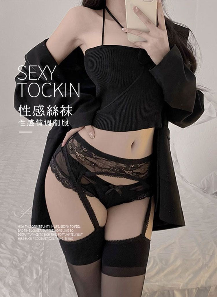Love sexy one-piece suspender black stockings pure desire wind white lace high tube knee socks interest.