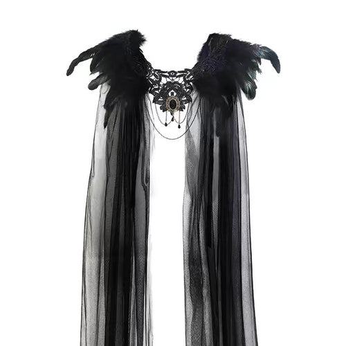 Halloween feather cloak black fur collar 2026 gauze cloak long skirt with stage costume buttons.