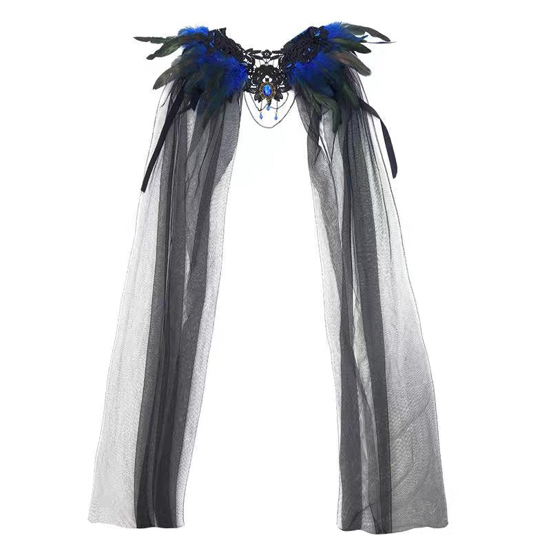 Halloween feather cloak black fur collar 2026 gauze cloak long skirt with stage costume buttons.