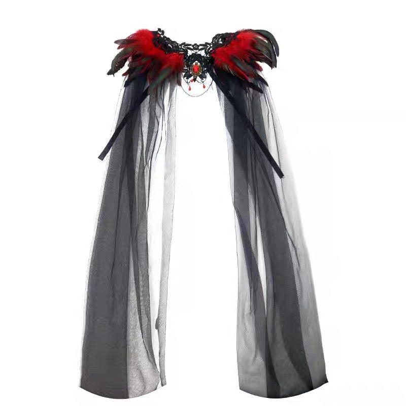 Halloween feather cloak black fur collar 2026 gauze cloak long skirt with stage costume buttons.