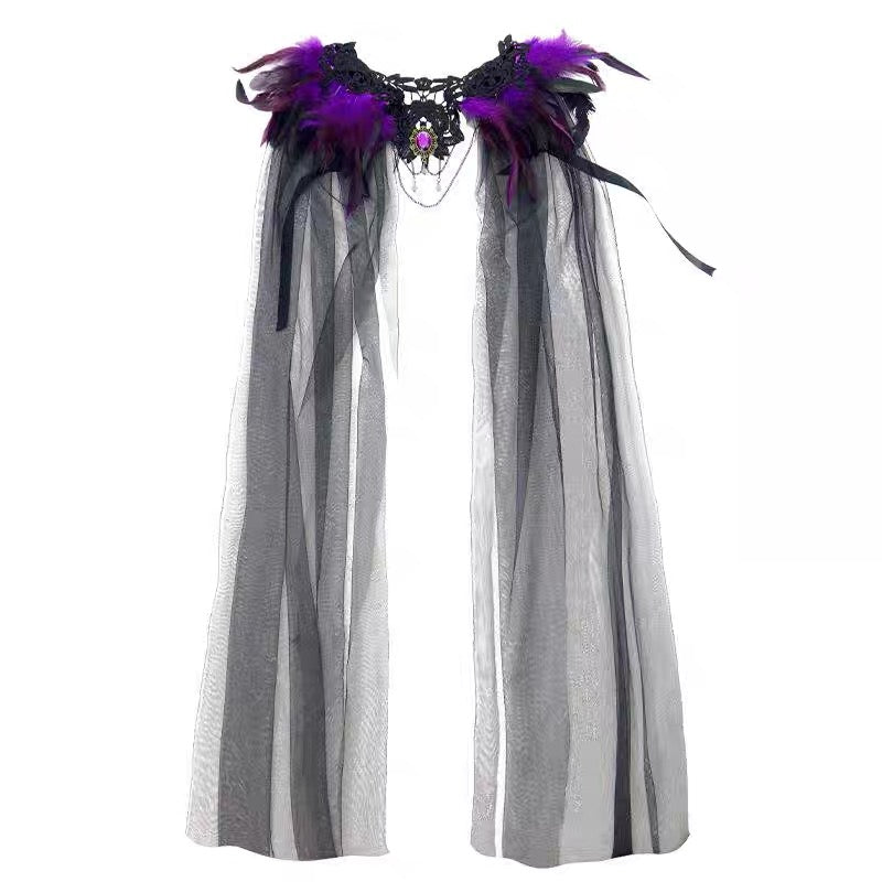 Halloween feather cloak black fur collar 2026 gauze cloak long skirt with stage costume buttons.