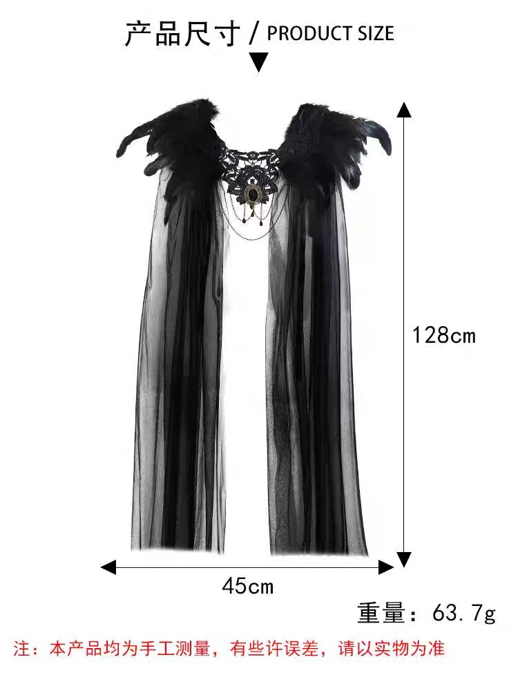 Halloween feather cloak black fur collar 2026 gauze cloak long skirt with stage costume buttons.