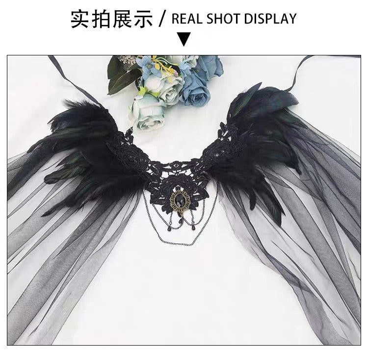 Halloween feather cloak black fur collar 2026 gauze cloak long skirt with stage costume buttons.
