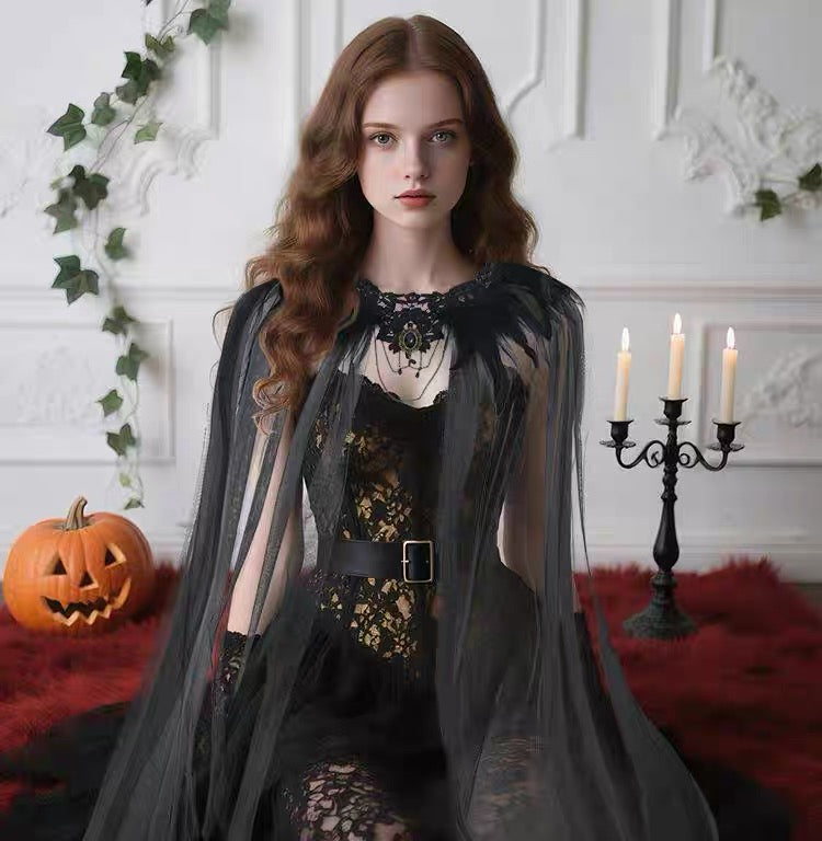 Halloween feather cloak black fur collar 2026 gauze cloak long skirt with stage costume buttons.